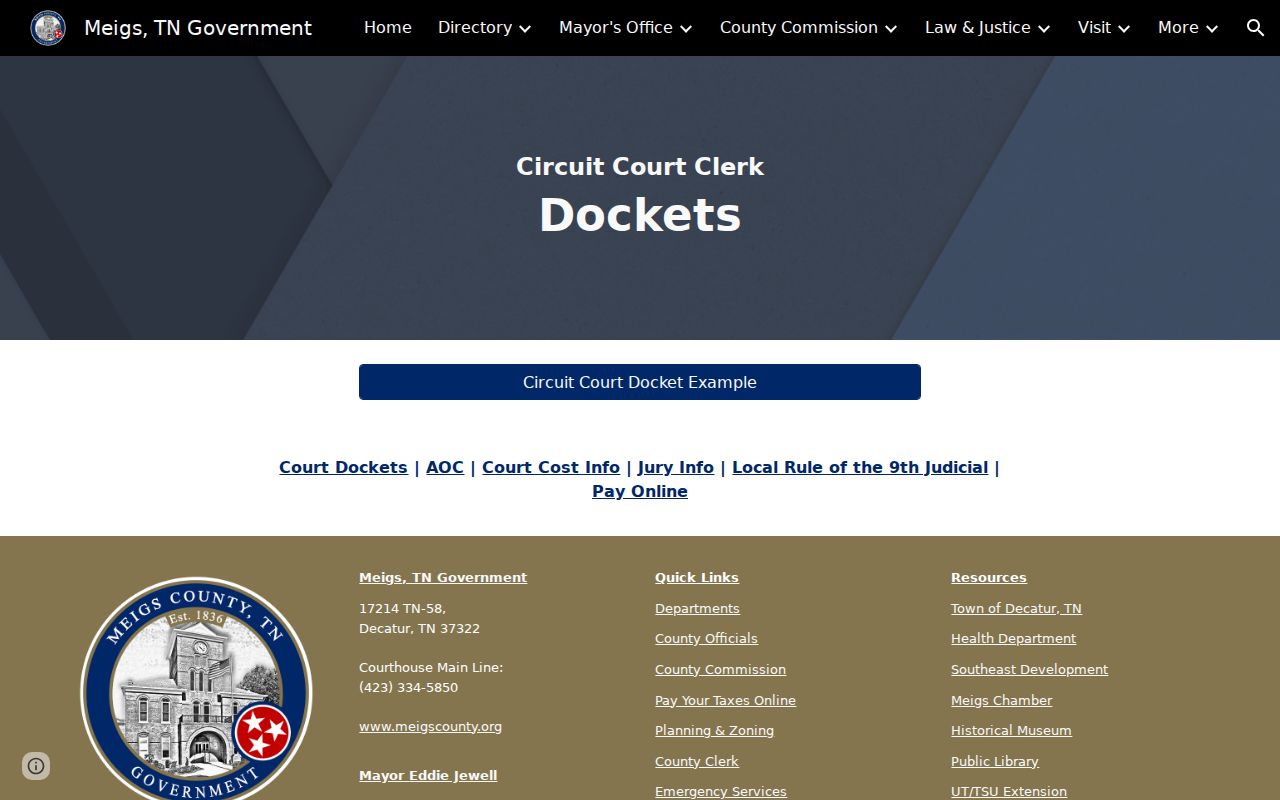 Meigs County Dockets page showing no public case-search fields