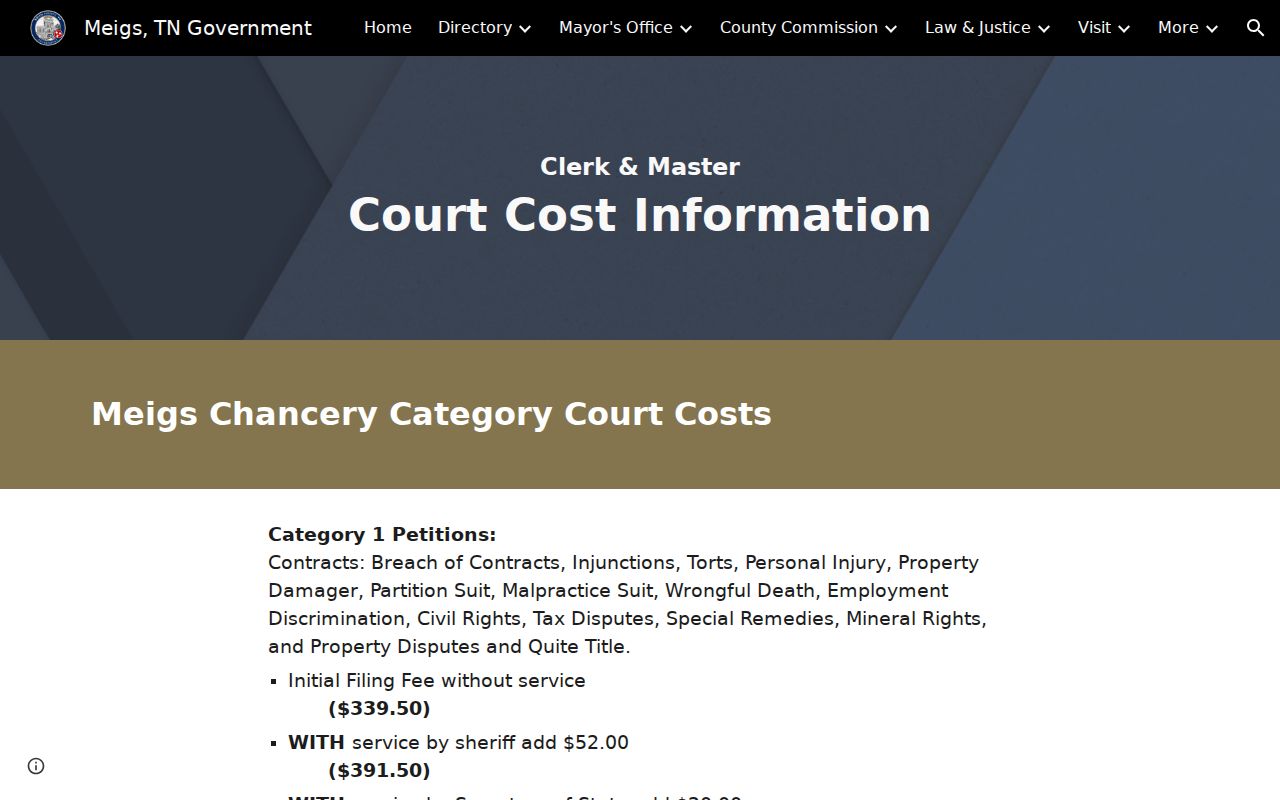 Meigs County civil court docket Chancery copy and filing charges