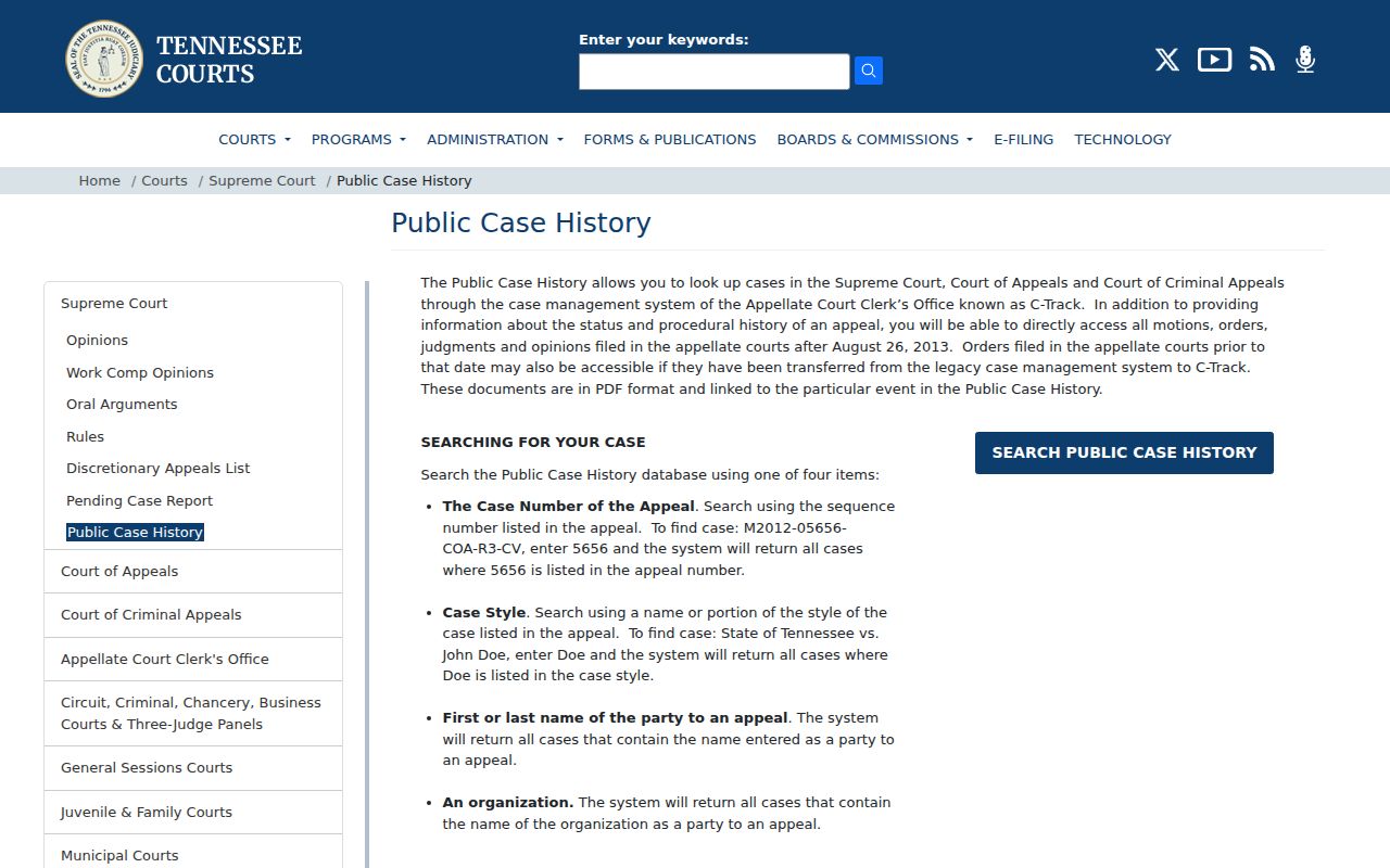 Tennessee AOC appellate Public Case History search inputs