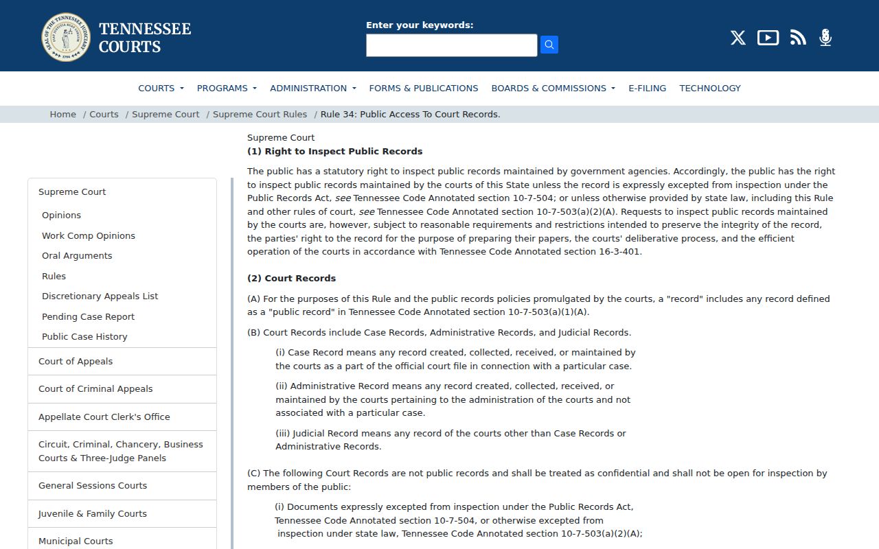 Tennessee Rule 34 court records access page